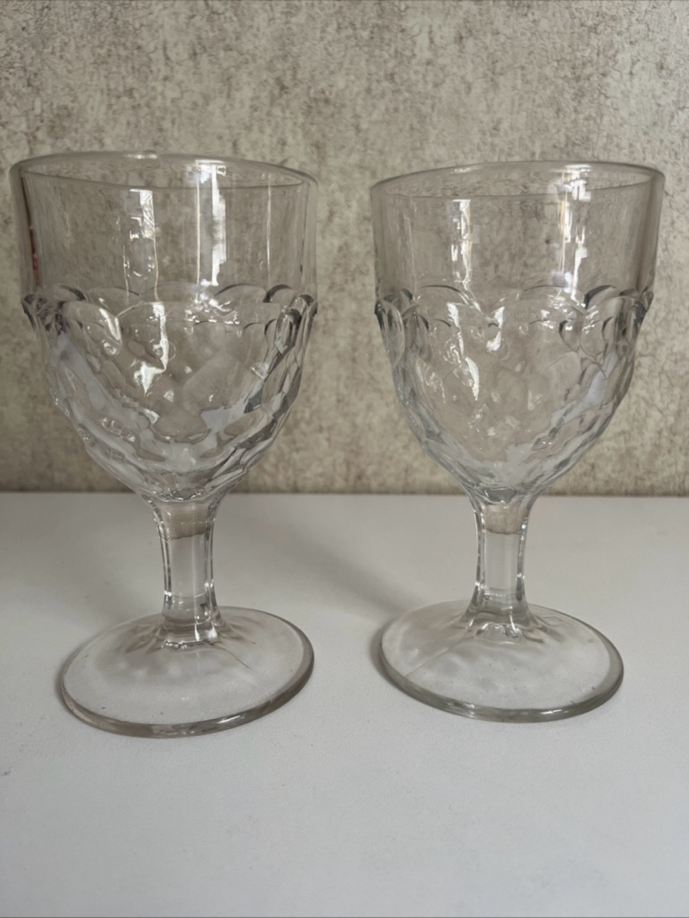 Clear Pressed Glass Goblet - Honeycomb Versatile Wine & Water Glass 6” Set of 2